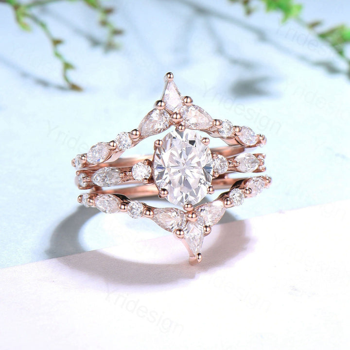 1.5CT Oval Moissanite Engagement Ring Set Vintage IGI Certificate Lab Grown Diamond Wedding Ring Set Women Double Stacking Band Bridal Set - PENFINE