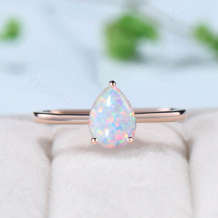 Dainty fire opal wedding set solitaire white opal engagement ring rose gold minimalist October birthstone pendant necklace opal earrings - PENFINE