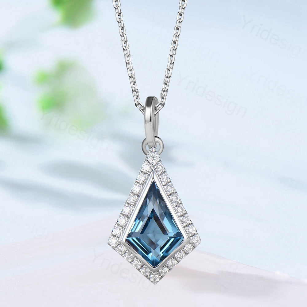 Kite cut London blue topaz pendant necklace unique halo moissanite diamond necklace pendant rose gold women bridal promise anniversary gift - PENFINE