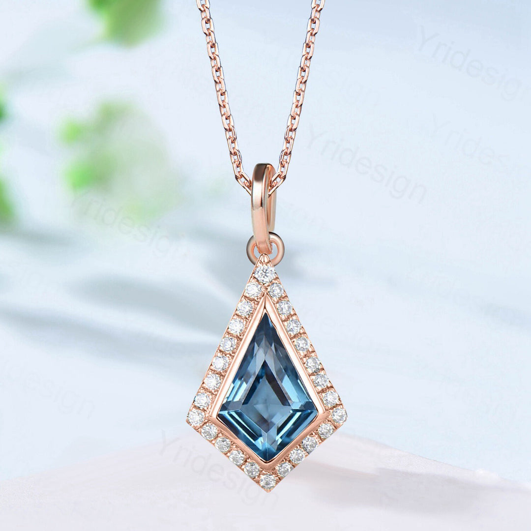 Kite cut London blue topaz pendant necklace unique halo moissanite diamond necklace pendant rose gold women bridal promise anniversary gift - PENFINE