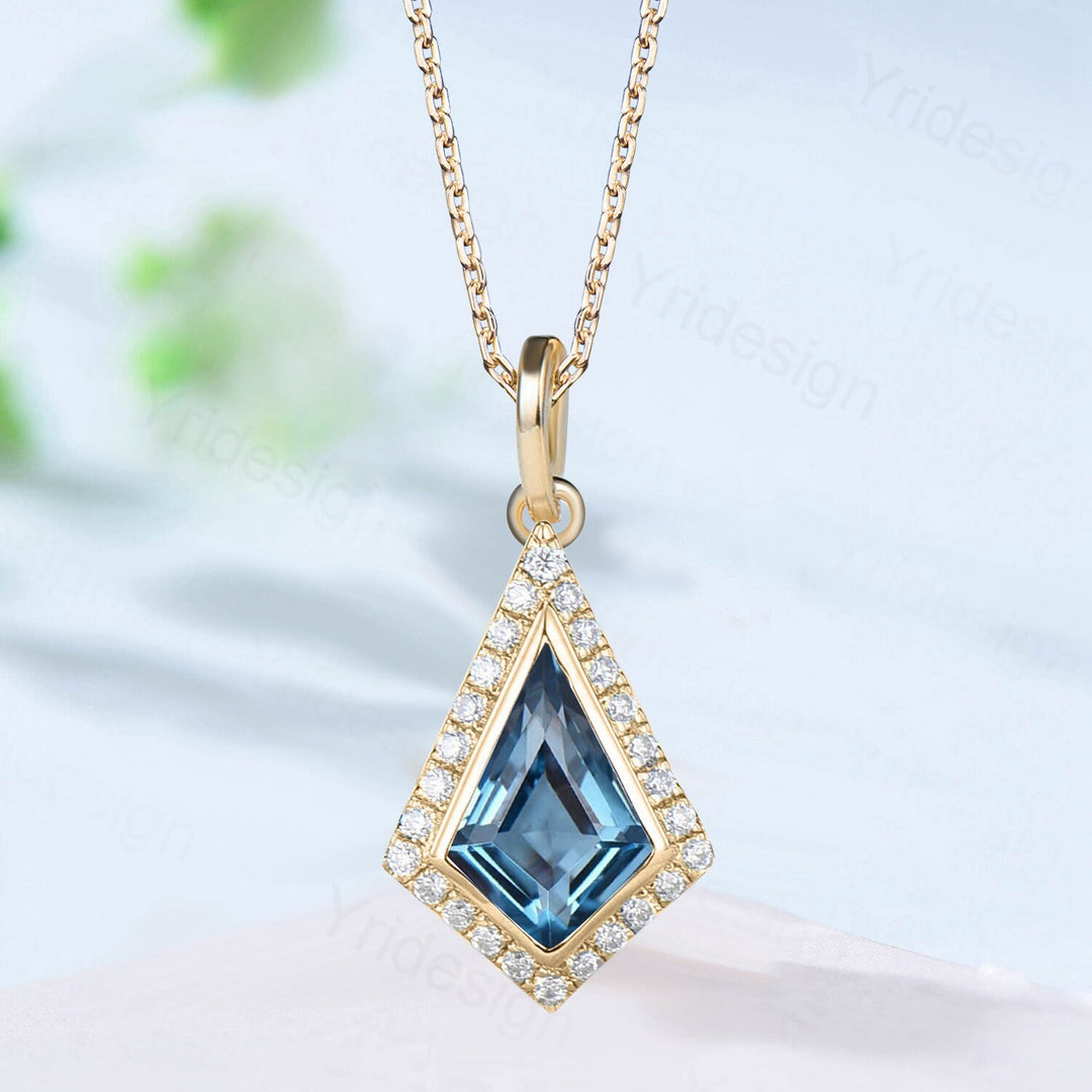 Kite cut London blue topaz pendant necklace unique halo moissanite diamond necklace pendant rose gold women bridal promise anniversary gift - PENFINE