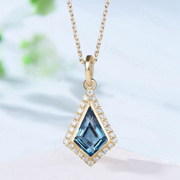 Kite cut London blue topaz pendant necklace unique halo moissanite diamond necklace pendant rose gold women bridal promise anniversary gift - PENFINE