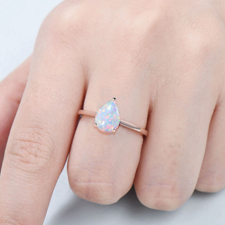 Dainty fire opal wedding set solitaire white opal engagement ring rose gold minimalist October birthstone pendant necklace opal earrings - PENFINE