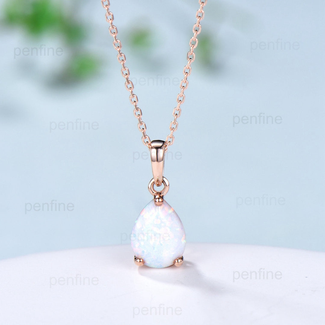 Dainty fire opal wedding set solitaire white opal engagement ring rose gold minimalist October birthstone pendant necklace opal earrings - PENFINE