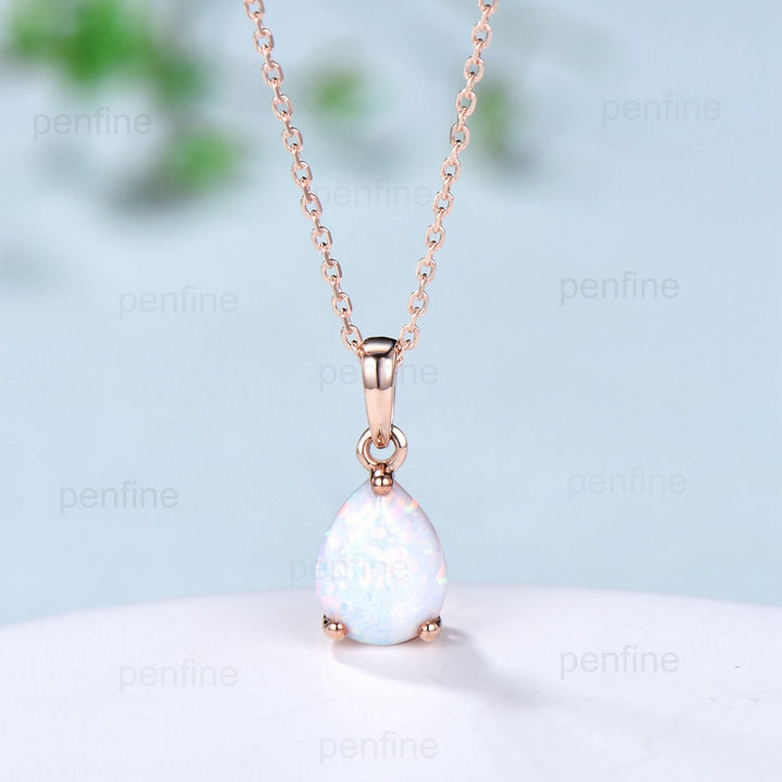 Dainty fire opal wedding set solitaire white opal engagement ring rose gold minimalist October birthstone pendant necklace opal earrings - PENFINE
