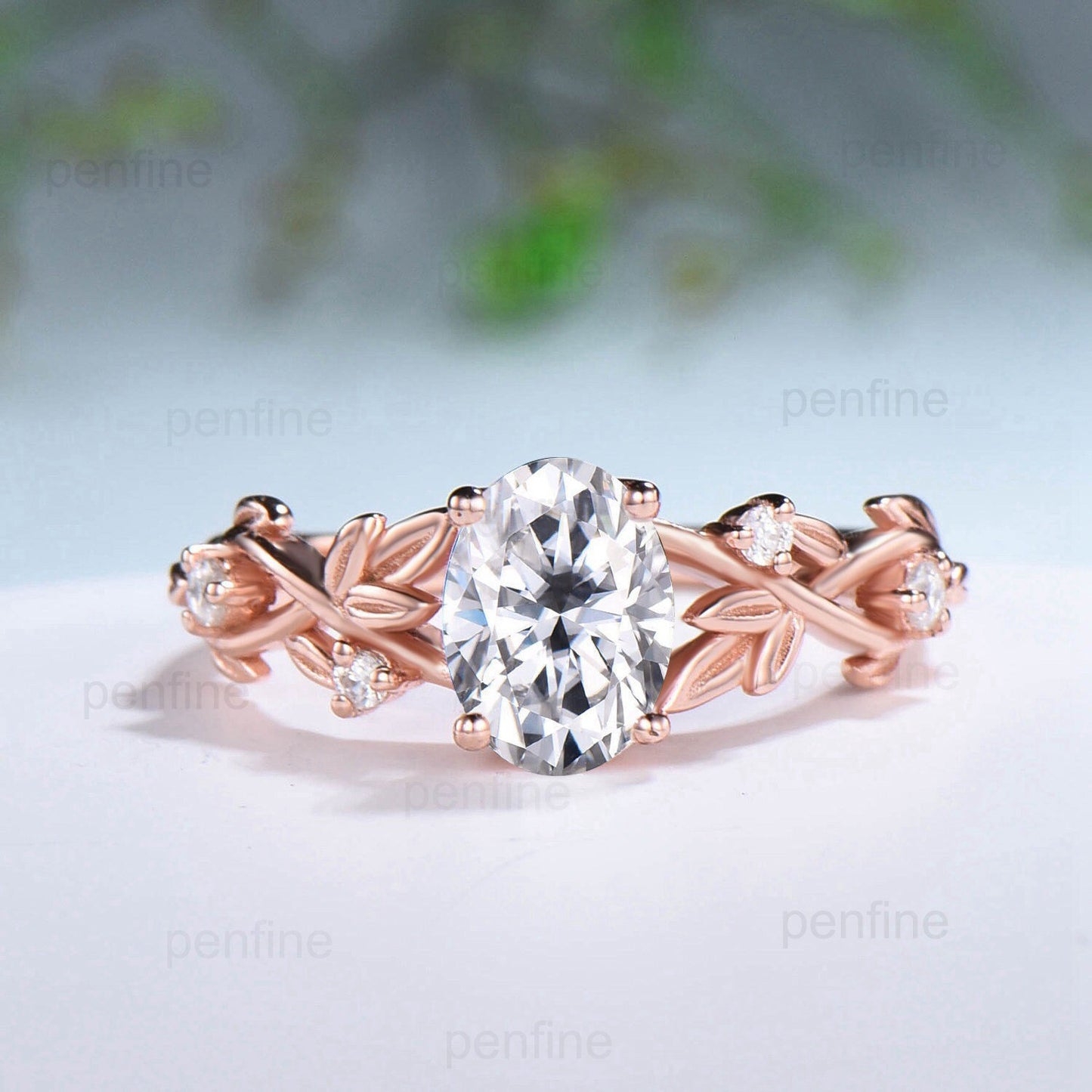 Nature Inspired Oval Diamond Engagement Ring Split Shank CVD Diamond Bridal Ring Set Unique Leaf Vine Moissanite Wedding Ring Set for Her - PENFINE