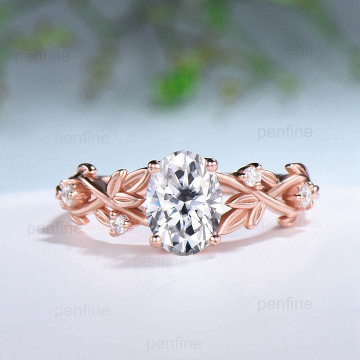 Nature Inspired Oval Diamond Engagement Ring Split  Shank CVD Diamond Bridal Ring Set Unique Leaf Vine Moissanite Wedding Ring Set for Her - PENFINE