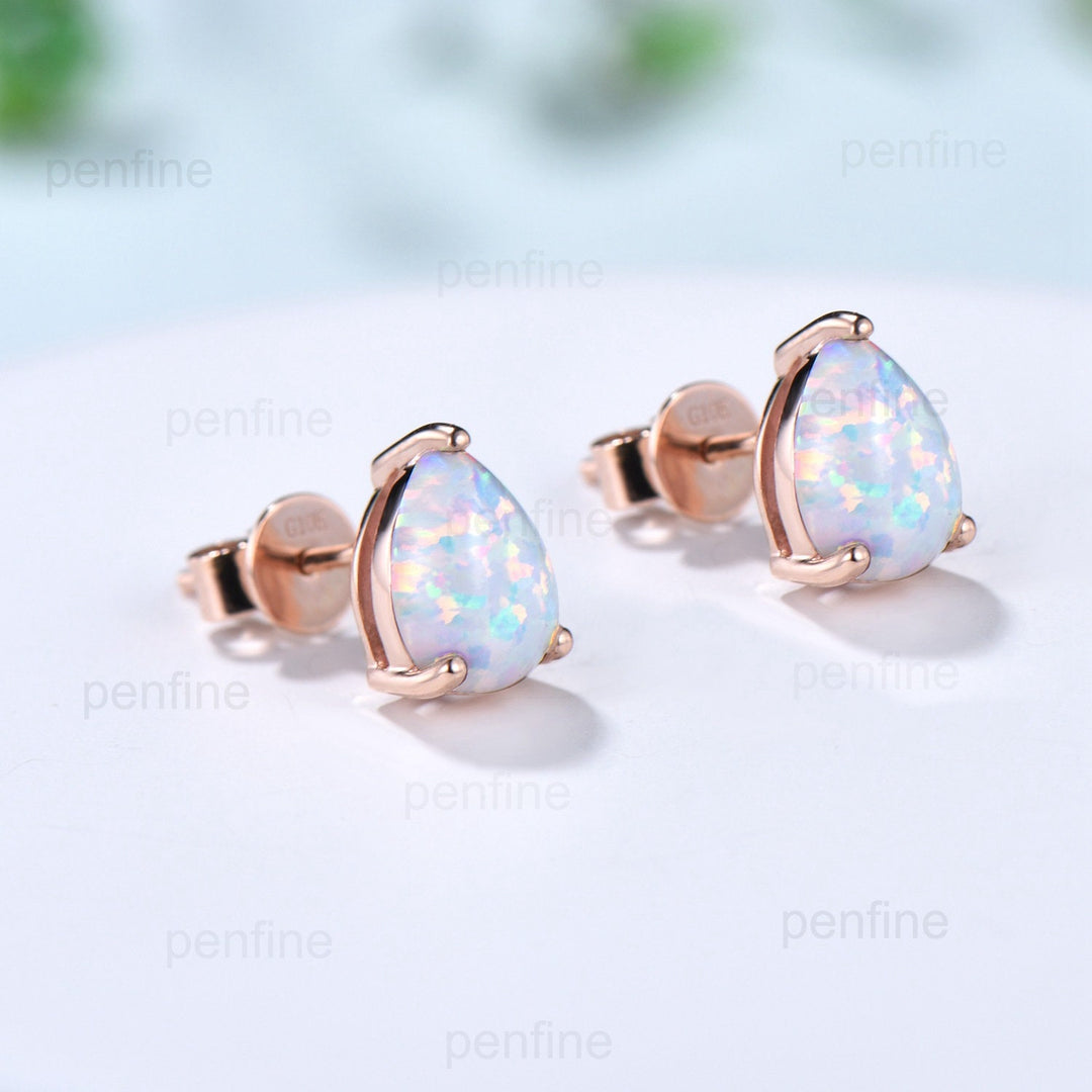 Dainty fire opal wedding set solitaire white opal engagement ring rose gold minimalist October birthstone pendant necklace opal earrings - PENFINE