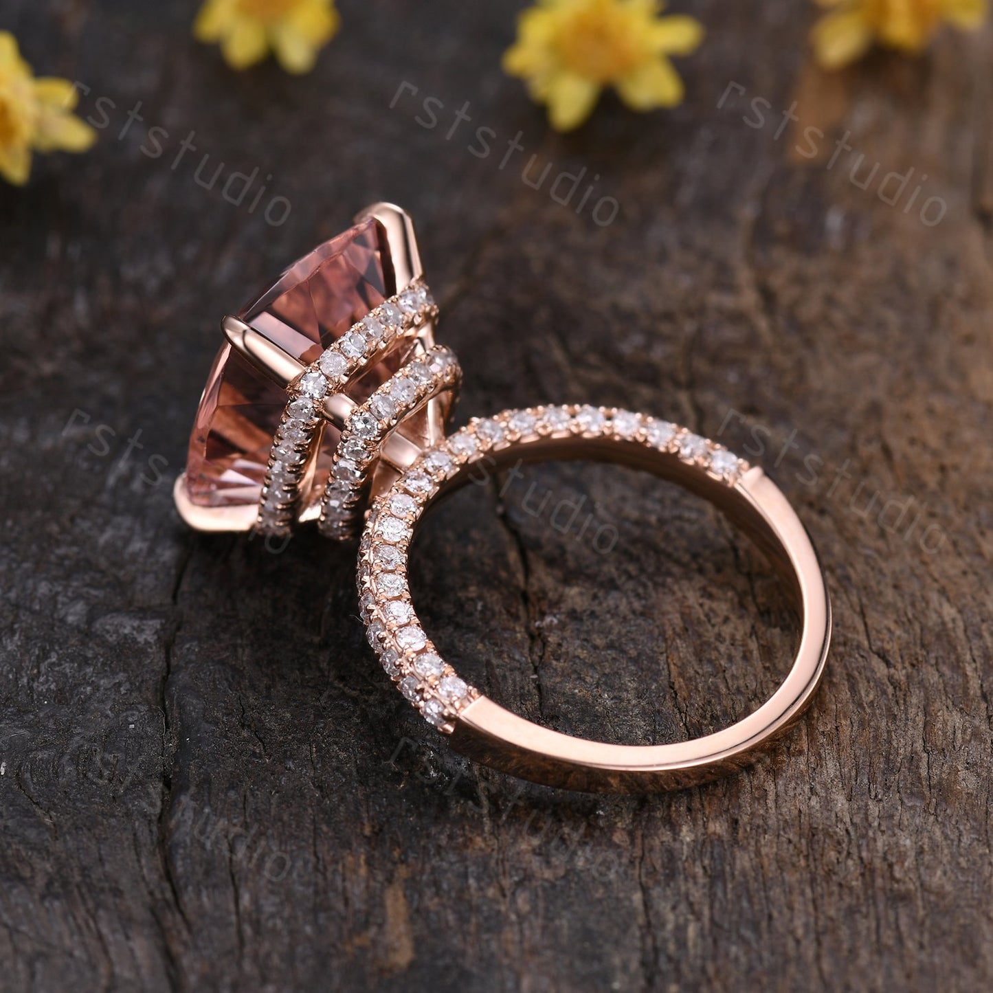 Natural Morganite Engagement Ring: 14K Rose Gold Hidden Halo Diamond Ring
