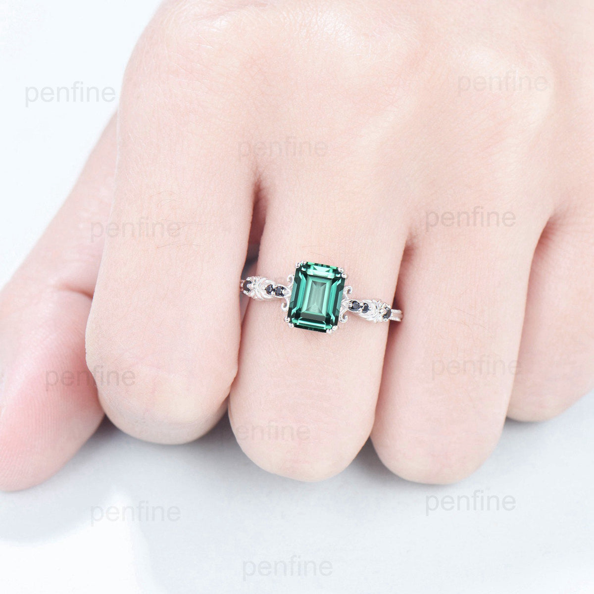 Unique Emerald Cut Green Sapphire Ring 8 Prongs Vintage Inspired Teal Sapphire Engagement Ring Green Black Crystal Wedding Ring for Women - PENFINE