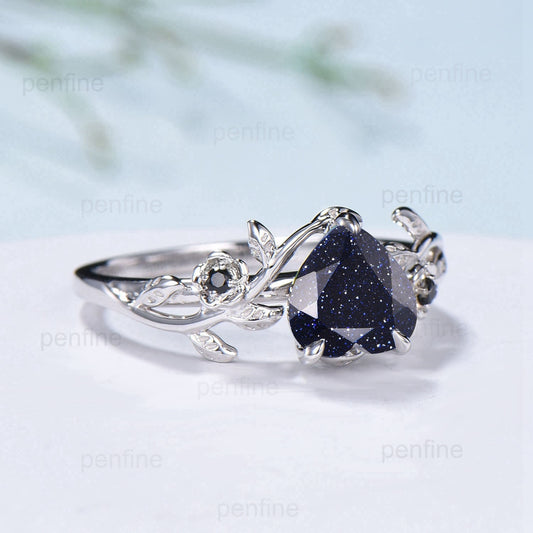 Elegant Heart Blue Sandstone Ring Vintage Galaxy White Gold Twig Floral Engagement Ring Leaf black Onyx Nature inspired Wedding Ring Women - PENFINE