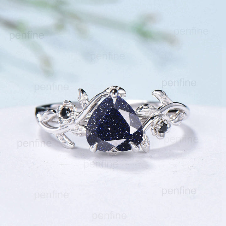 Elegant Heart Blue Sandstone Ring Vintage Galaxy White Gold Twig Floral Engagement Ring Leaf black Onyx Nature inspired Wedding Ring Women - PENFINE