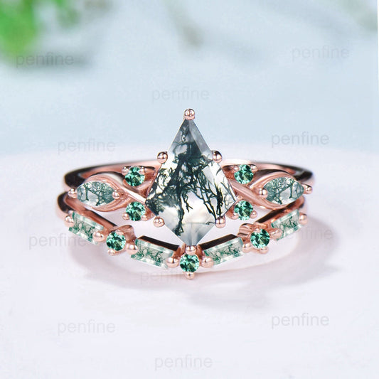Vintage 1.5 Carat Kite Cut Moss Agate Engagement Ring Set Unique 14k Rose Gold Natural Green Marquise Agate Wedding Ring Set Ring for Women - PENFINE
