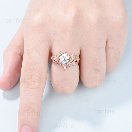 1CT Floral Brilliant Moissanite Engagement Ring Set Nature Inspired Branch Twig Leaf Wedding Set Unique Infinity anniversary bridal ring set - PENFINE