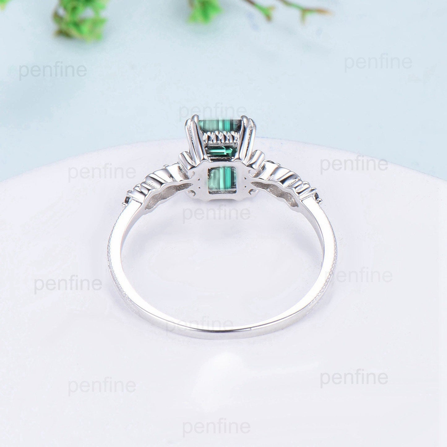 Unique Emerald Cut Green Sapphire Ring 8 Prongs Vintage Inspired Teal Sapphire Engagement Ring Green Black Crystal Wedding Ring for Women - PENFINE