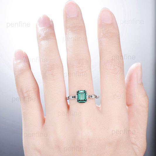Unique Emerald Cut Green Sapphire Ring 8 Prongs Vintage Inspired Teal Sapphire Engagement Ring Green Black Crystal Wedding Ring for Women - PENFINE