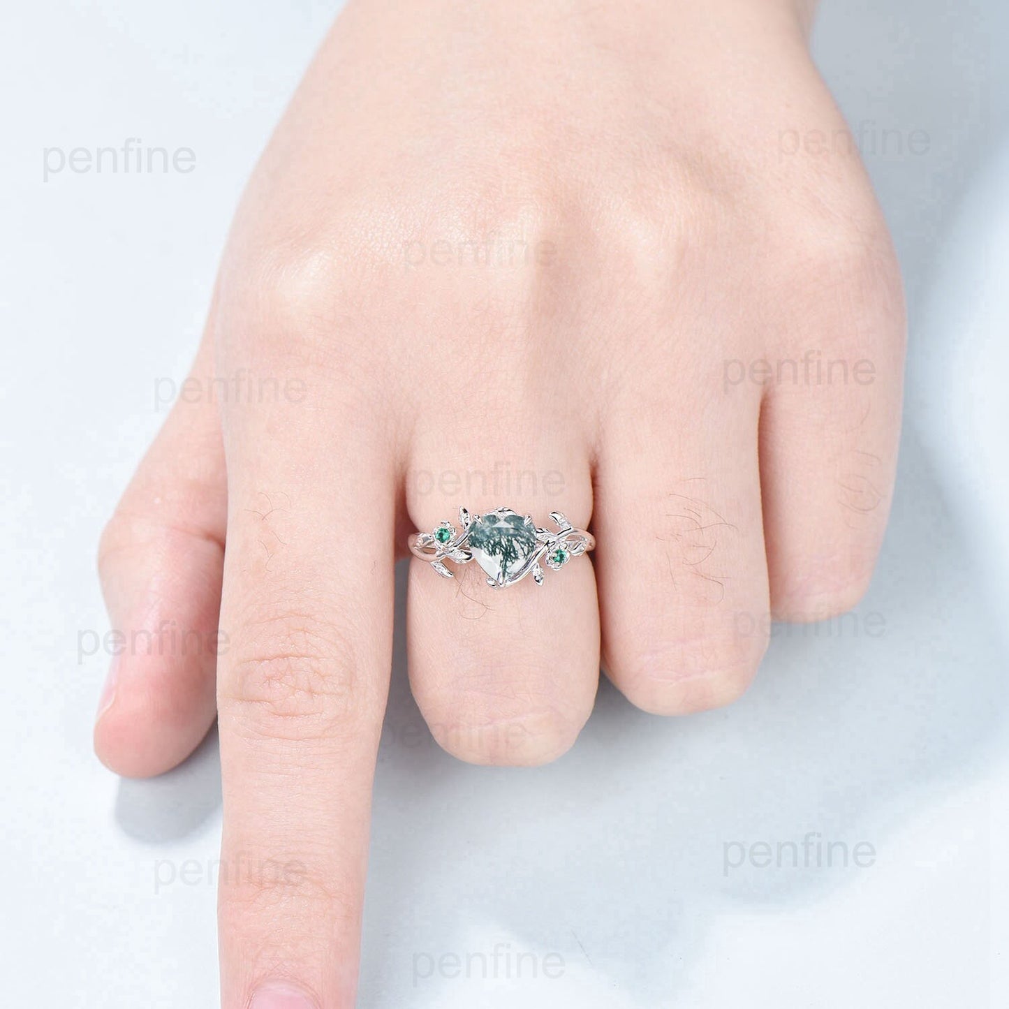 Nature Inspired Heart Moss Agate Engagement Ring Rose Gold Elegant Flower Green Agate Wedding Ring Emerald Branch Leaf Anniversary Gift - PENFINE