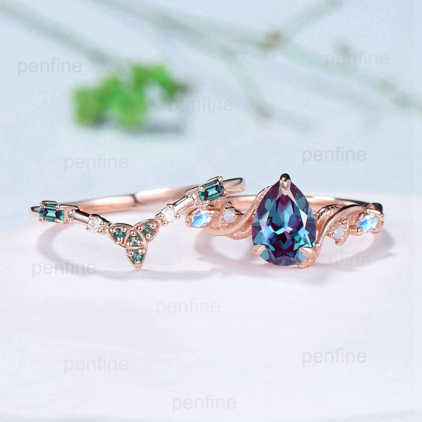 Vintage alexandrite ring set Nature Inspired June birthstone engagement ring Norse Viking opal moonstone emerald wedding ring set for women - PENFINE