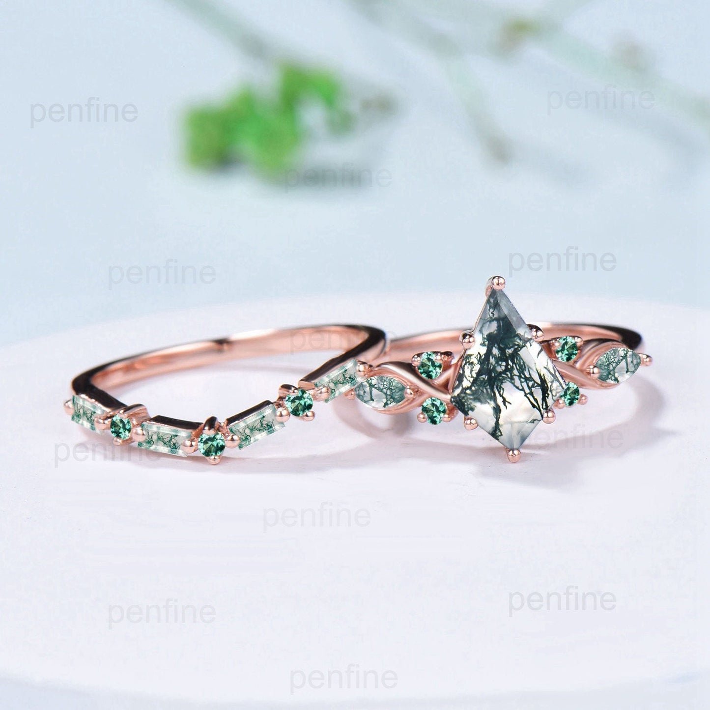 Vintage 1.5 Carat Kite Cut Moss Agate Engagement Ring Set Unique 14k Rose Gold Natural Green Marquise Agate Wedding Ring Set Ring for Women - PENFINE