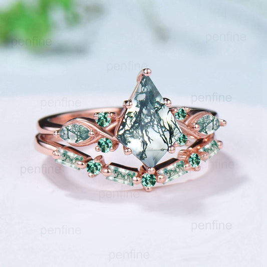 Vintage 1.5 Carat Kite Cut Moss Agate Engagement Ring Set Unique 14k Rose Gold Natural Green Marquise Agate Wedding Ring Set Ring for Women - PENFINE