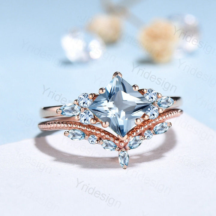 Art Deco Princess Cut Natural Aquamarine Engagement Ring Set Silver Rose Gold Unique 2CT March Birthstone Bridal Wedding Ring Set For Women - PENFINE