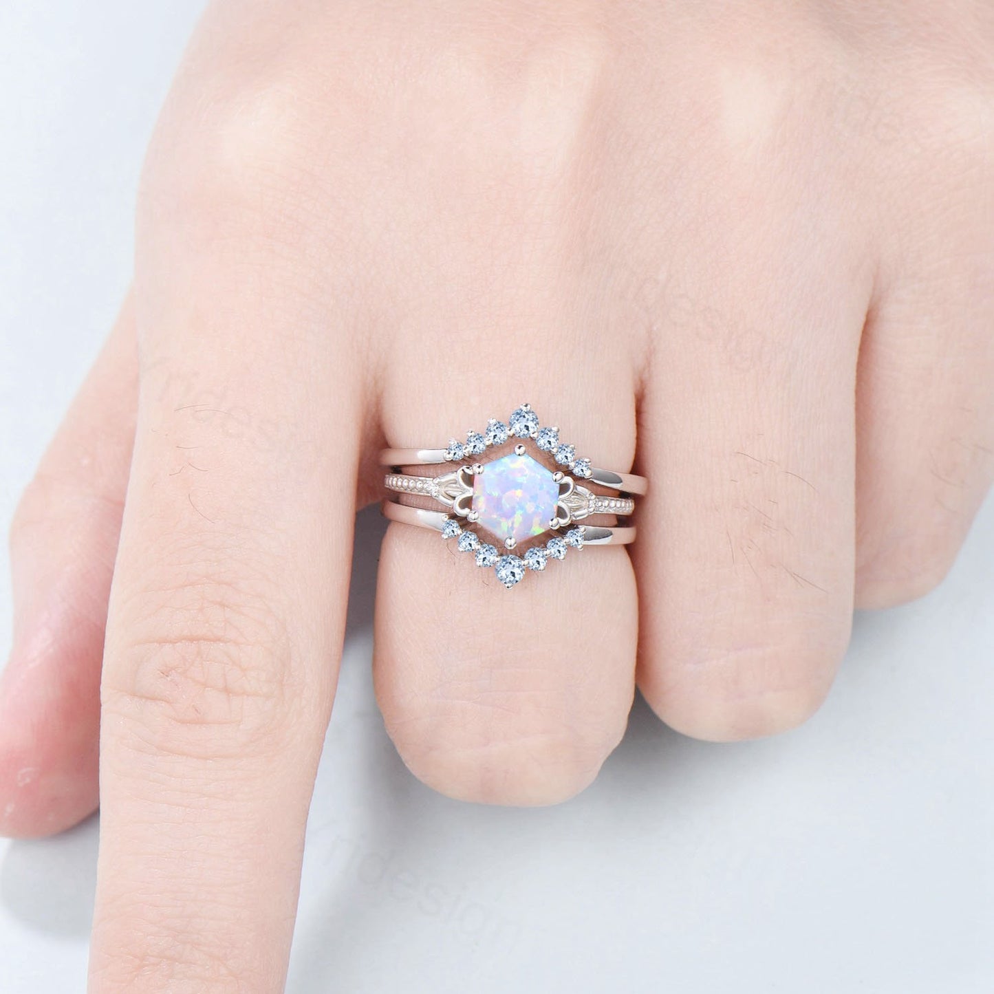Vintage Opal Ring Set 3pcs Unique Hexagon October Birthstone Engagement Ring White Gold Milgrain Celtic Aquamarine Bridal Ring Set For Women - PENFINE