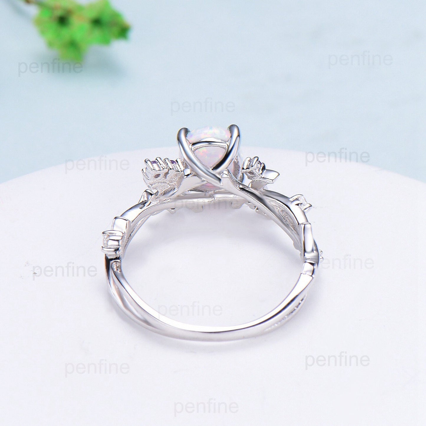 Unique 1.5CT Oval Cut Opal Ring Vintage White Opal Moon Engagement Ring Twig Branch Cluster Amethyst Wedding Ring PromiseGift For Women - PENFINE