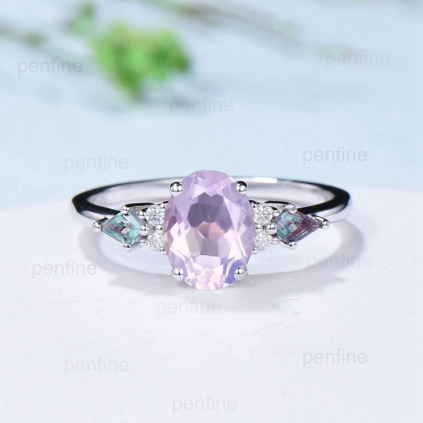 Vintage Lavender Amethyst Ring Set Unique Cluster Kite Moss Agate Purple Crystal Engagement Ring Unique Leaf Bridal Set February Birthstone - PENFINE
