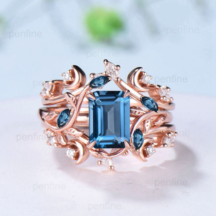 Art Deco emerald cut London blue topaz engagement ring set nature inspired deep blue wedding set double leaf vine moon topaz bridal ring set - PENFINE
