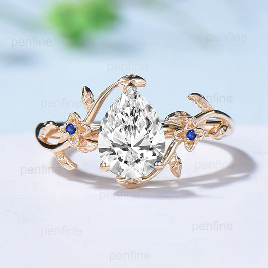 Art Deco Diamond Engagement Ring VVS-D Pear Shaped Nature Inspired Lab Grown Diamond IGI Certificate Elegant Moissanite Flower Wedding Ring - PENFINE