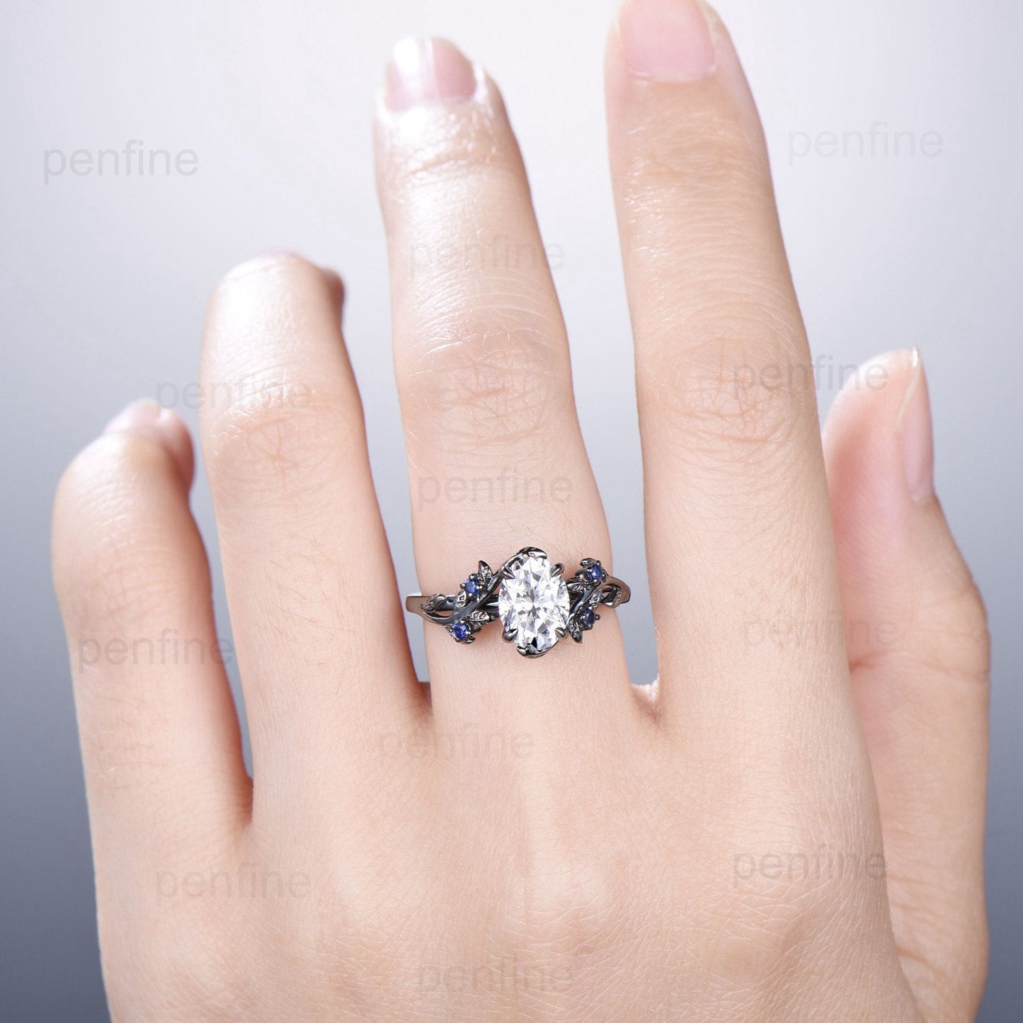 Nature Inspired Brilliant Moissanite ring Leaf Branch Oval Moissanite Engagement Ring Black Gold Wedding Ring Unique Twig Vine Promise Ring - PENFINE