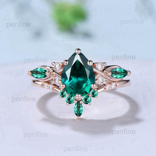 1.25CT Lab Emerald Wedding Ring Set Teardrop Emerald Engagement Ring Set Unique 14k Rose Gold Floral Marquise May Birthstone Bridal Set - PENFINE