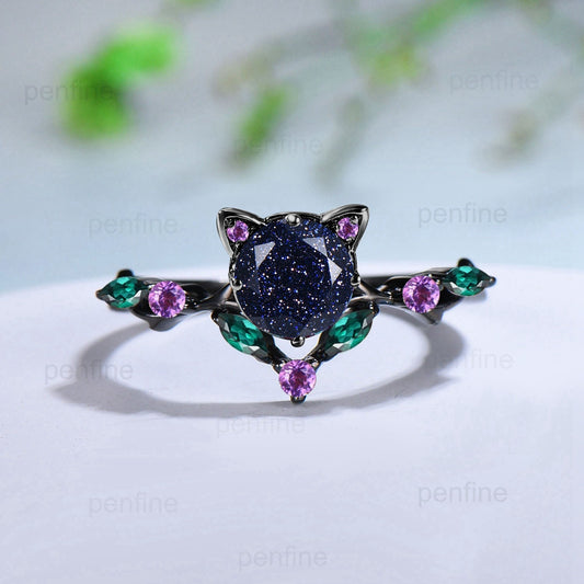 Dainty 5mm Round Blue Sandstone Ring Vintage Galaxy Starry Engagement Ring Black Gold Cat Promise Ring Marquise Emerald Wedding Ring for Her - PENFINE
