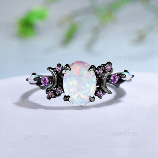 Unique Black Gold Oval Opal Engagement Ring Vintage Opal Moon Engagement Ring Branch Cluster Amethyst Wedding Ring Promise Gift For Women - PENFINE