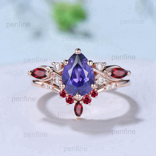 1.25CT Pear Shaped Purple Sapphire Wedding Ring Set Teardrop Sapphire Ruby Engagement Ring Set Unique Rose Gold Purple Crystal Bridal Set - PENFINE