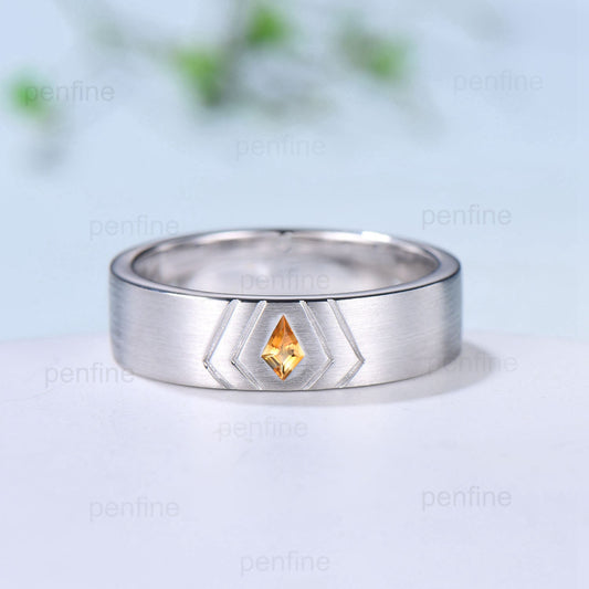 6mm Brushed Finished Men's Wedding Ring Kite Cut Citrine Wedding Band Silver White Gold Howl's Ring Sophie's Ring Matching Band Gift For Men - PENFINE