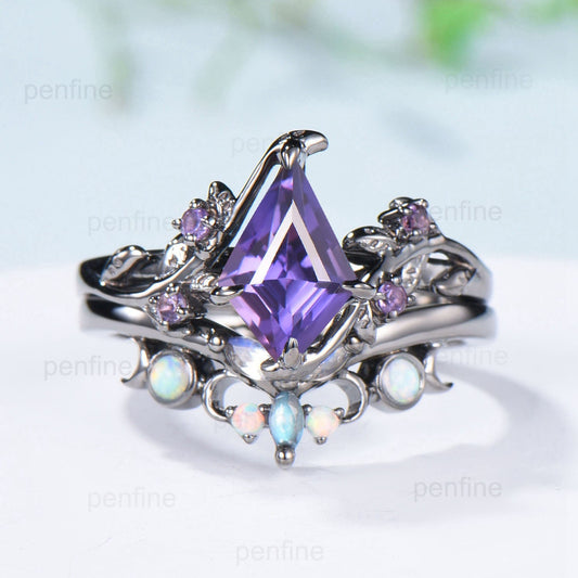 Nature Inspired kite purple sapphire engagement ring set twig vine amethyst wedding ring set Vintage marquise moonstone opal stacking ring - PENFINE