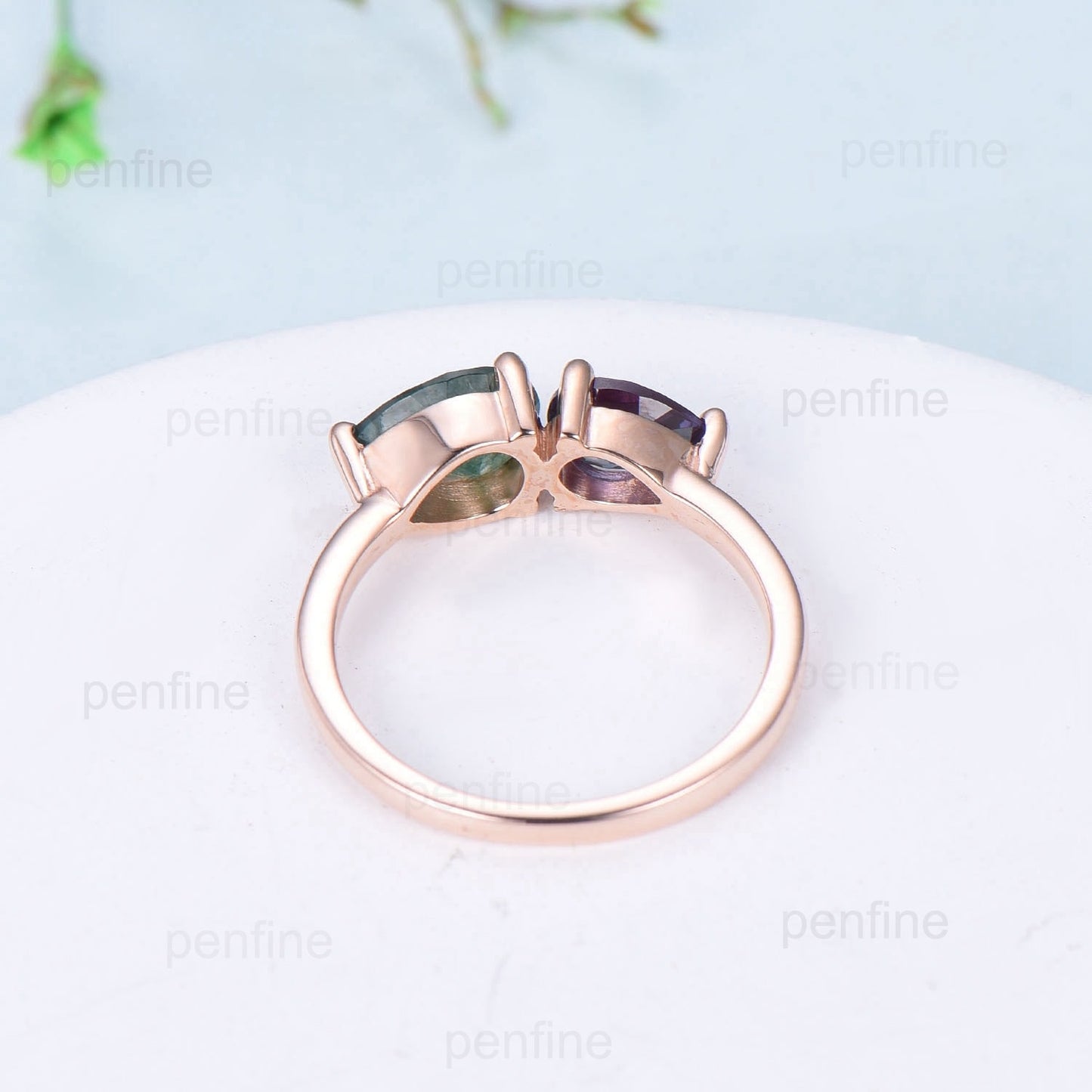 Solitaire 5x7mm pear moss agate engagement ring Simple 4x6mm teardrop alexandrite wedding ring for women dainty anniversary for girl - PENFINE