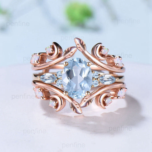 Vintage Oval Aquamarine Engagement Ring Set Leaf Bine Aquamarine Wedding Ring March Birthstone Double Curved Moon Opal Twig Bridal Set women - PENFINE