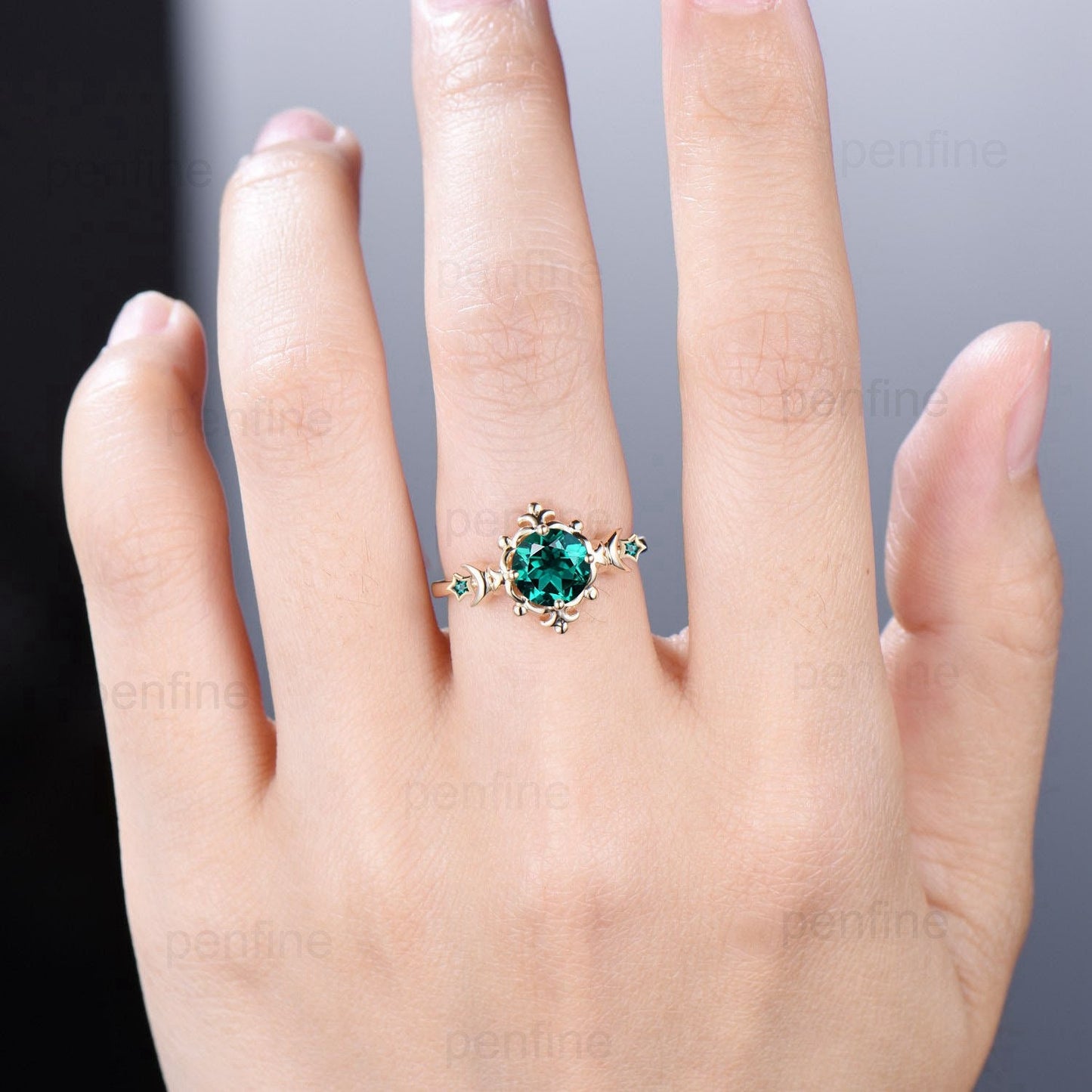 Vintage Crescent Moon Emerald Engagement Ring Unique Nature Inspired Flower Galaxy Star Yellow Gold Emerald Wedding Ring Anniversary gift - PENFINE
