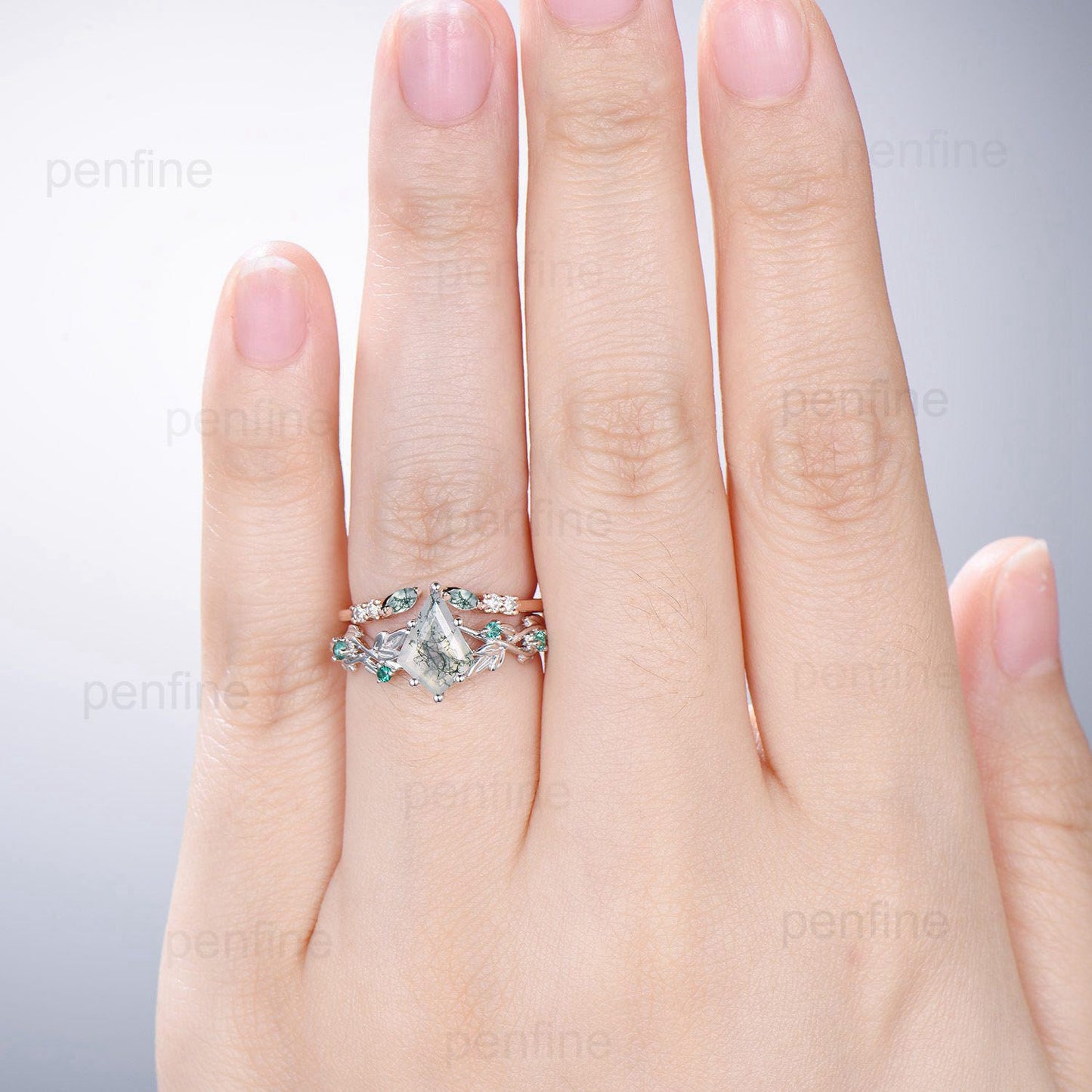 7X10mm Kite Twig Moss Agate Engagement Ring Leaf Vine Green Agate Wedding Set Nature Inspired White Gold Emerald Anniversary Ring For Women - PENFINE