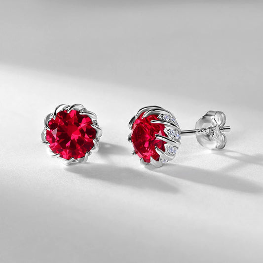 Floral 8mm round ruby earrings  Sunflower ruby Stud Earrings July birthstone Earrings Women Solid 14k 18k rose  gold twist knot earrings - PENFINE