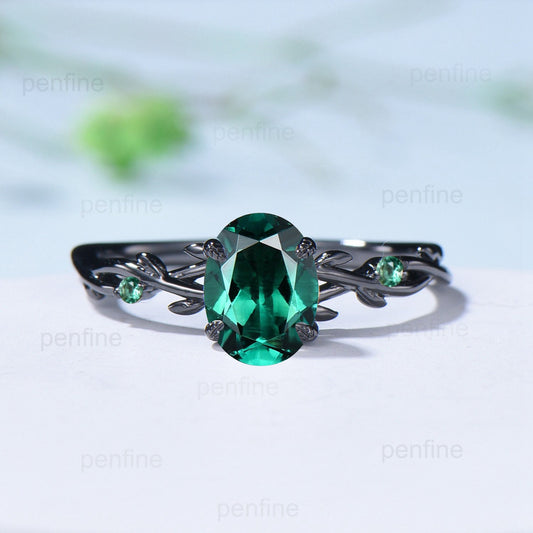 Black Gold Oval Emerald Engagement Ring Leaf Branch Lab emerald Promise Ring Nature Inspired Wedding Ring Unique Twig Anniversary Gift Mom - PENFINE