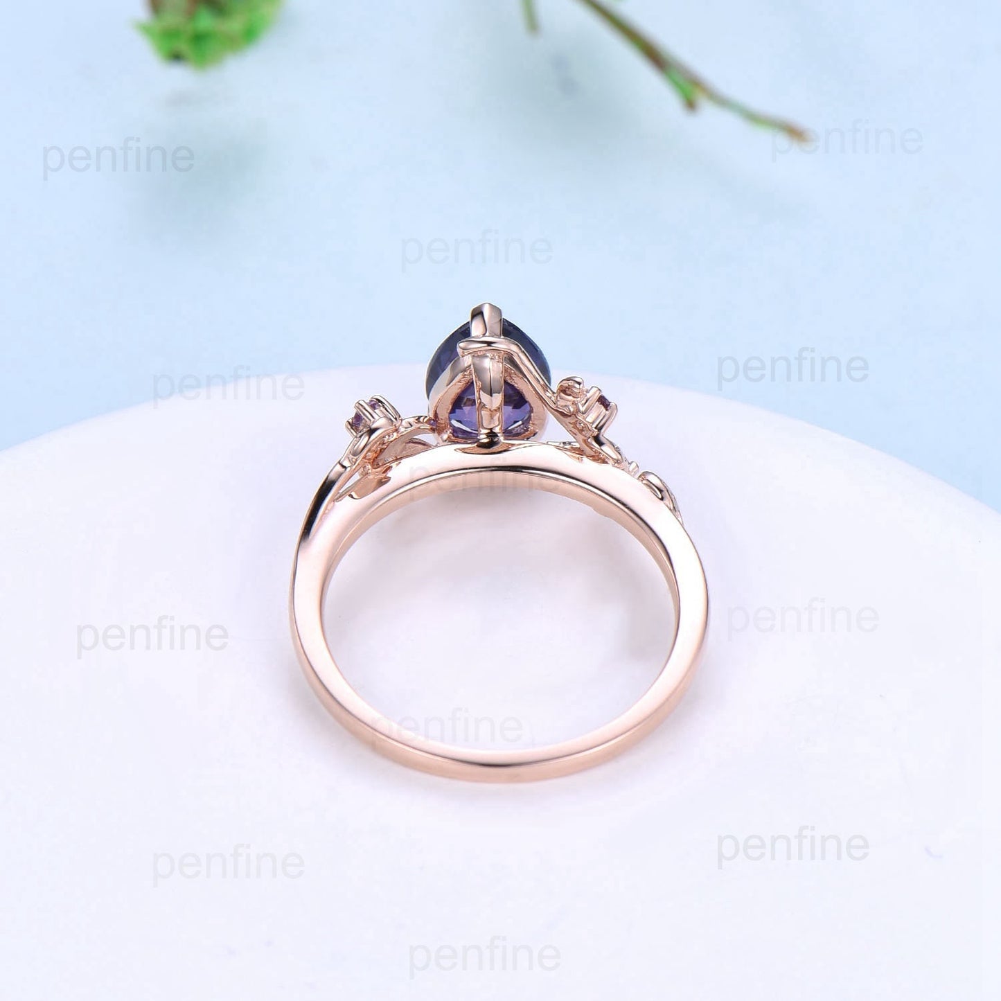Natural inspired Lab Created Emerald Ring Vintage Twig Pear Shaped Engagement Ring Leaf Amethyst marquise moss agate Wedding Branch Ring - PENFINE