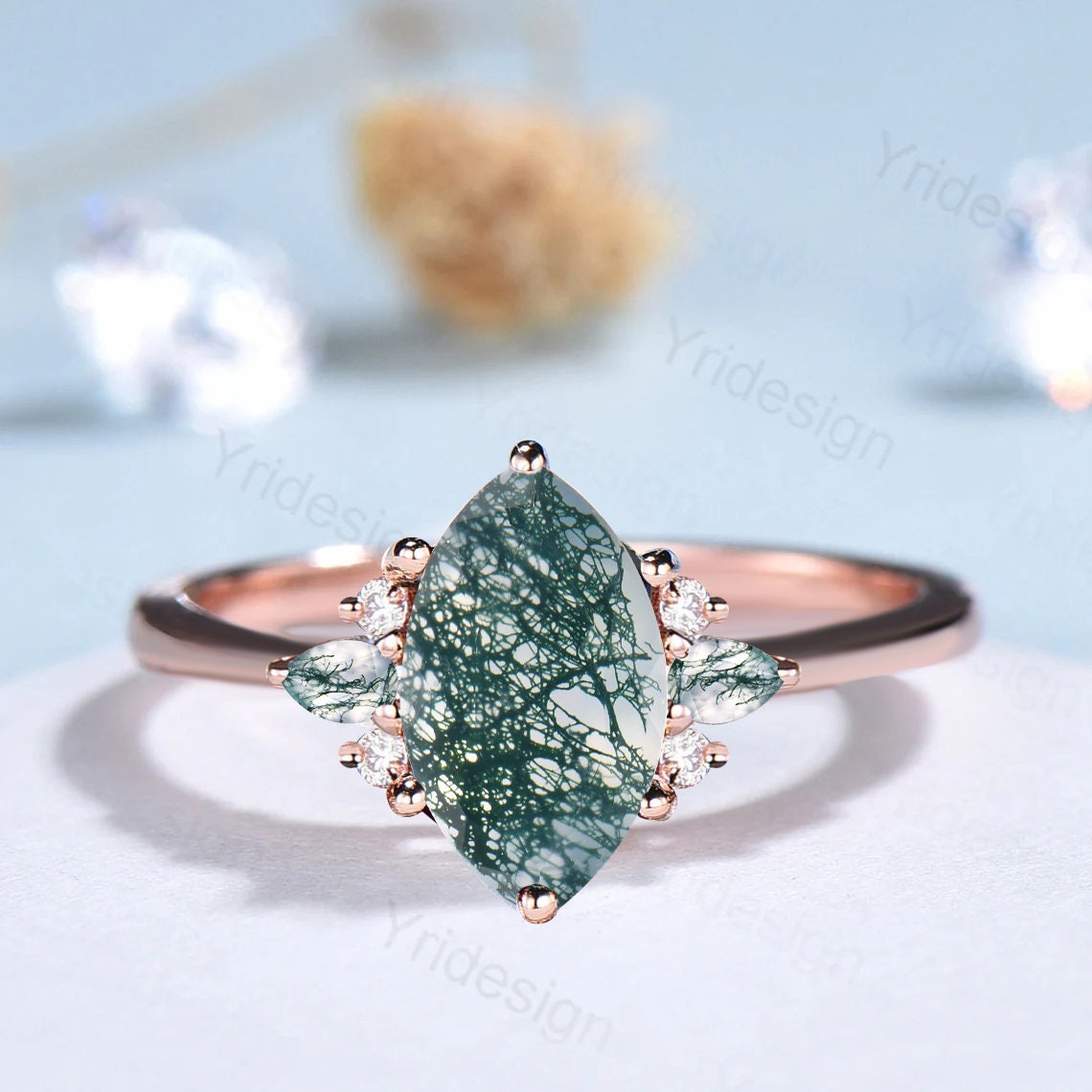 Vintage Marquise Cut Moss agate engagement ring cluster teardrop green agate ring for women silver rose gold 1 carat aquatic gem wedding Ring - PENFINE