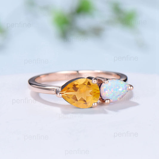 Solitaire 5x7mm pear citrine engagement ring Two Stone 4x6mm opal alexandrite wedding ring for women dainty anniversary ring for daughter - PENFINE