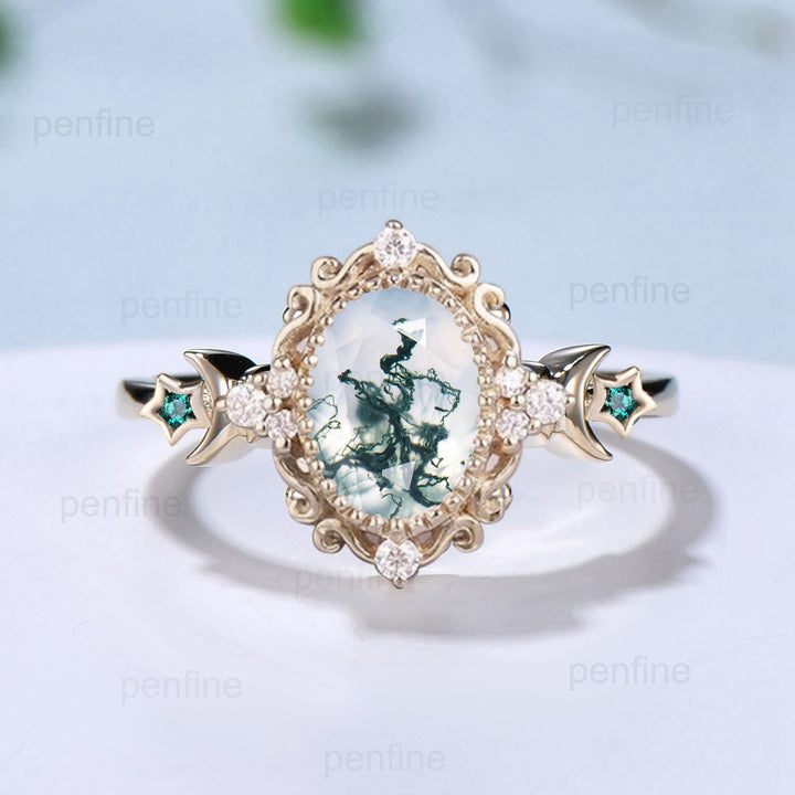 Vintage Oval Moss Agate Engagement Ring Unique Nature Inspired Crescent Moon Green Agate Emerald Star Wedding Ring Unique Anniversary gift - PENFINE