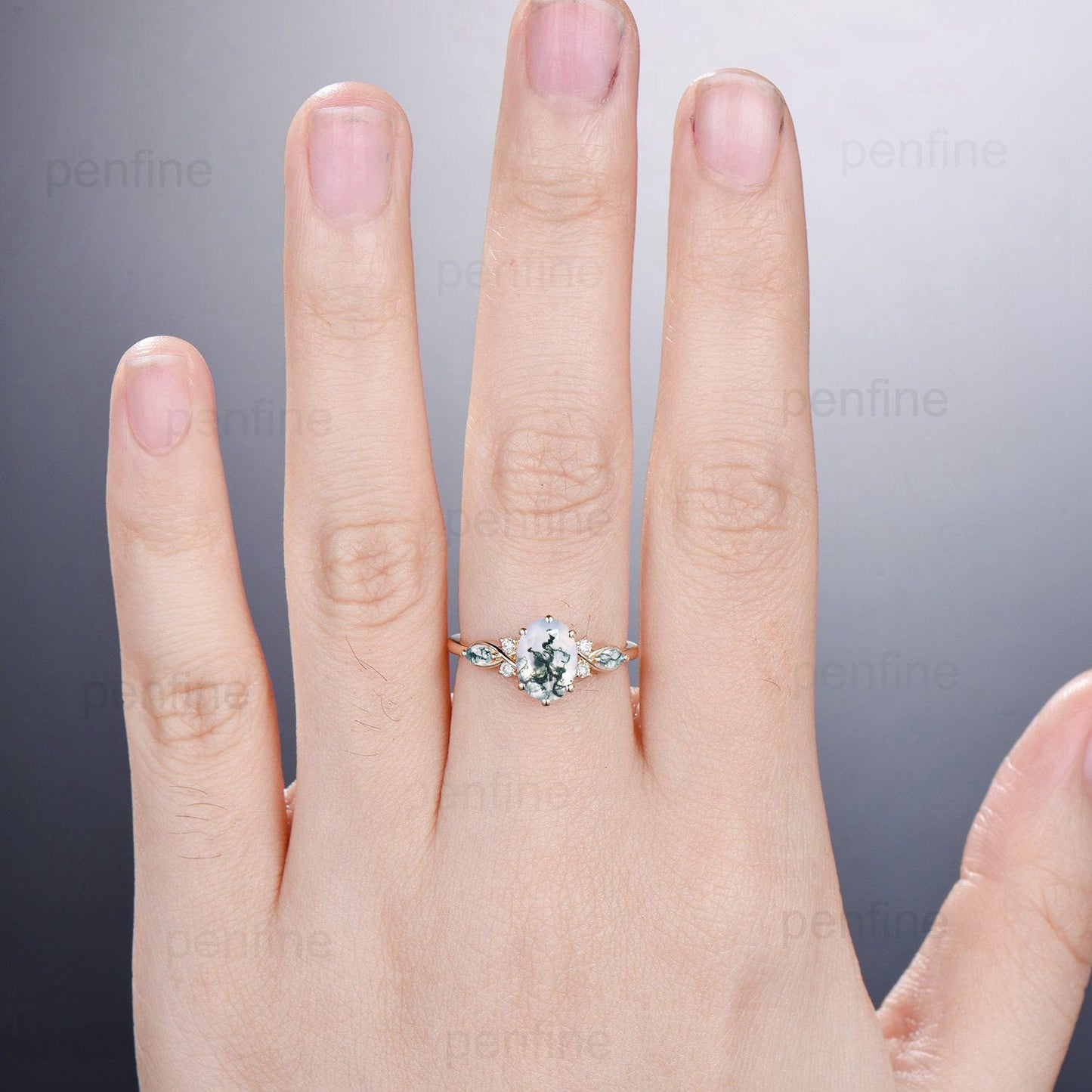 Vintage Oval Cut Moss agate engagement ring flawless green agate ring for women 14K Yellow Gold marquise aquatic agate diamond wedding Ring - PENFINE