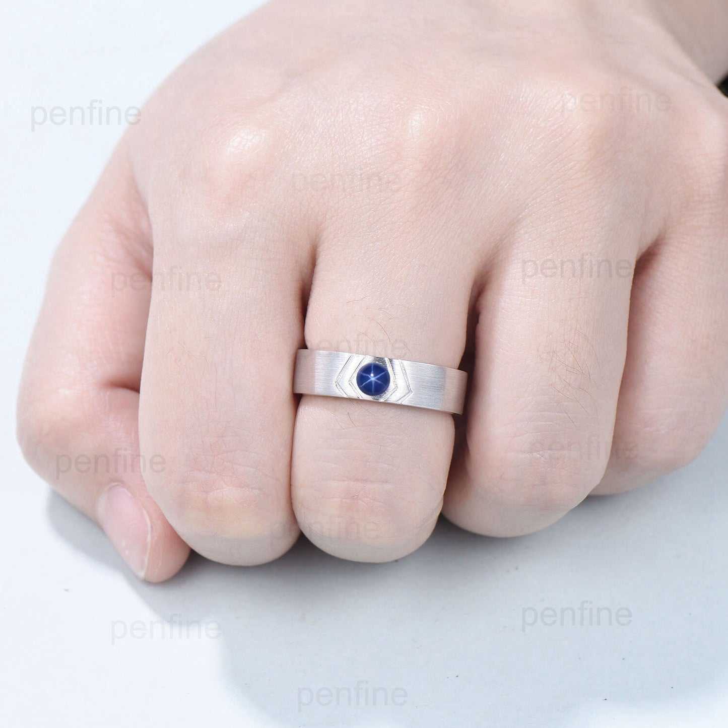 6mm Men's star Sapphire Ring Retro Brushed Finished Solitaire Wedding Band Silver 14K Solid White Gold Unique Matching Band Gift For Men - PENFINE