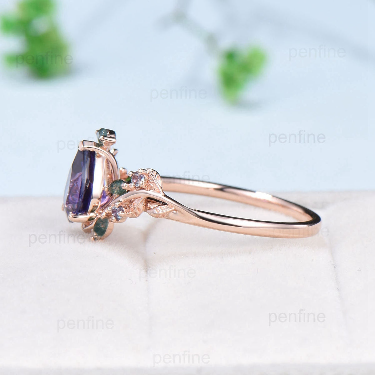 Natural inspired Flower Lavender Amethyst Ring Vintage Twig Vine Engagement Ring Unique Leaf Alexandrite marquise moss agate Wedding Ring - PENFINE
